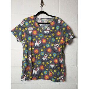 Disney Marie Aristocats Scrub Top L Gray Floral Precious & Purrfect
